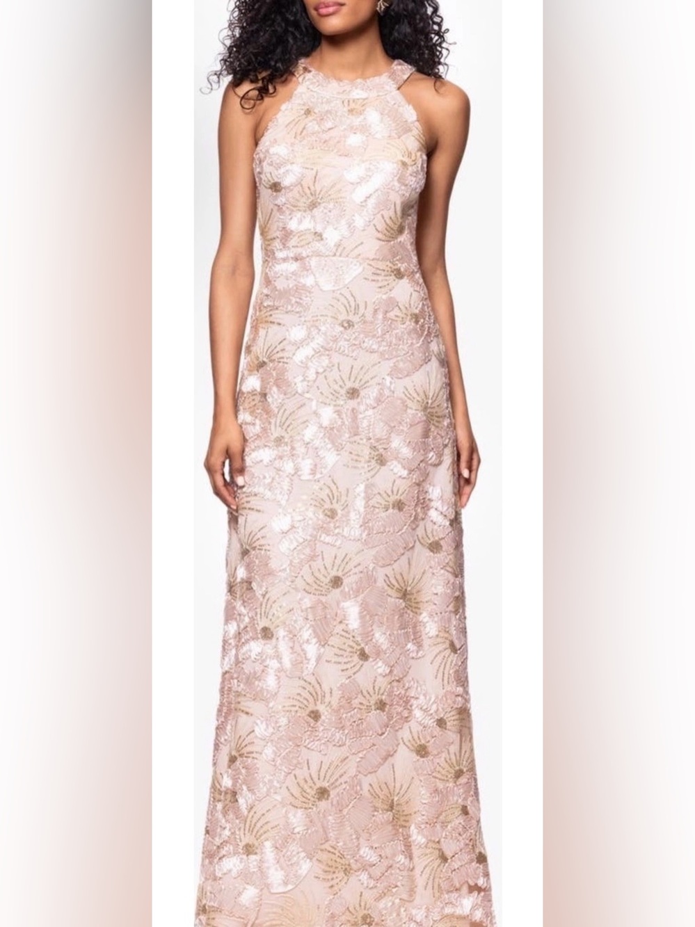 New Betsy & Adam Sequin Floral Sleeveless Gown In Champagne Size 12 $279